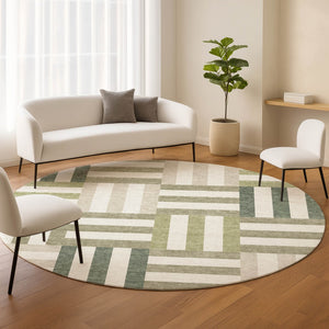 HomeRoots 8' Sage Ivory Taupe Round Geometric Area Rug - Durable, Washable Design for Indoor & Outdoor Spaces 659792
