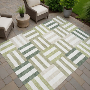 HomeRoots 10' Stylish Sage Ivory Taupe Geometric Washable Area Rug - Indoor/Outdoor Comfort for High-Traffic Spaces 659795