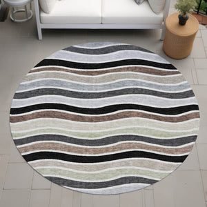 HomeRoots 8' Black, Pewter & Ivory Round Striped Washable Rug – Stylish, Durable for Indoor/Outdoor Spaces 659798