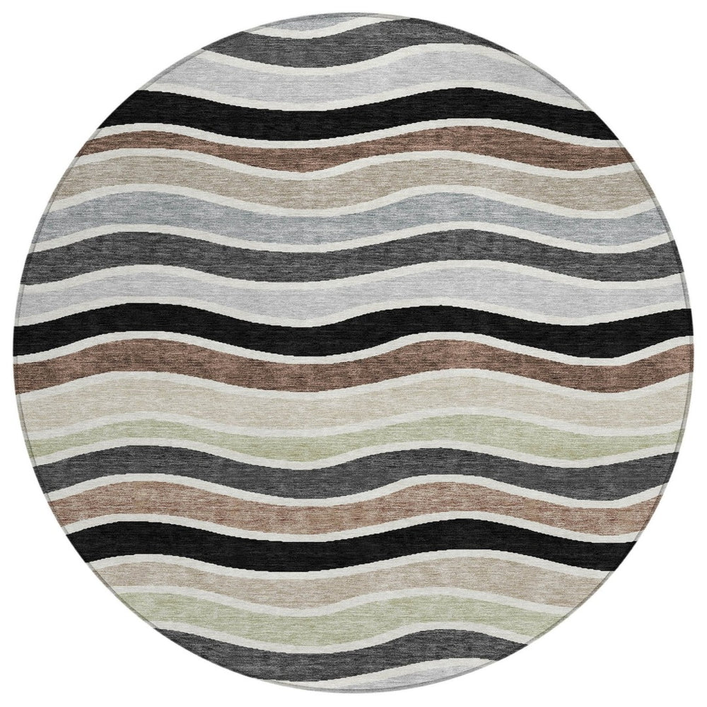 HomeRoots 8' Black, Pewter & Ivory Round Striped Washable Rug – Stylish, Durable for Indoor/Outdoor Spaces 659798