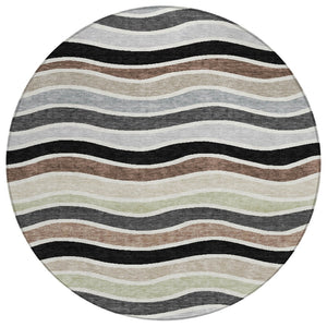 HomeRoots 8' Black, Pewter & Ivory Round Striped Washable Rug – Stylish, Durable for Indoor/Outdoor Spaces 659798