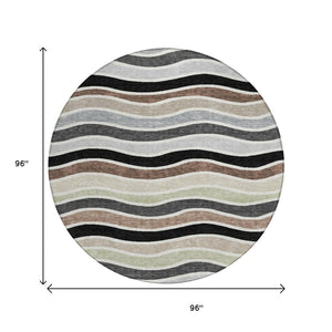 HomeRoots 8' Black, Pewter & Ivory Round Striped Washable Rug – Stylish, Durable for Indoor/Outdoor Spaces 659798