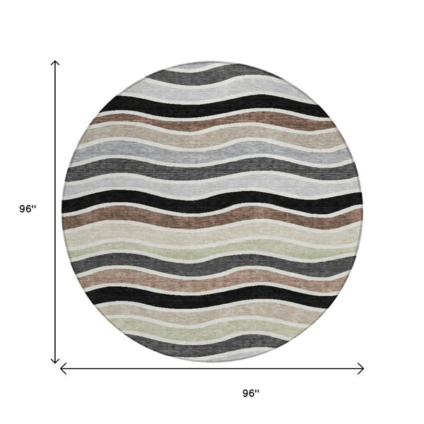 HomeRoots 8' Black, Pewter & Ivory Round Striped Washable Rug – Stylish, Durable for Indoor/Outdoor Spaces 659798