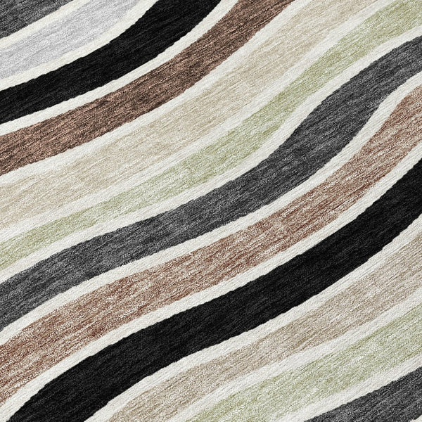 HomeRoots 8' Black, Pewter & Ivory Round Striped Washable Rug – Stylish, Durable for Indoor/Outdoor Spaces 659798