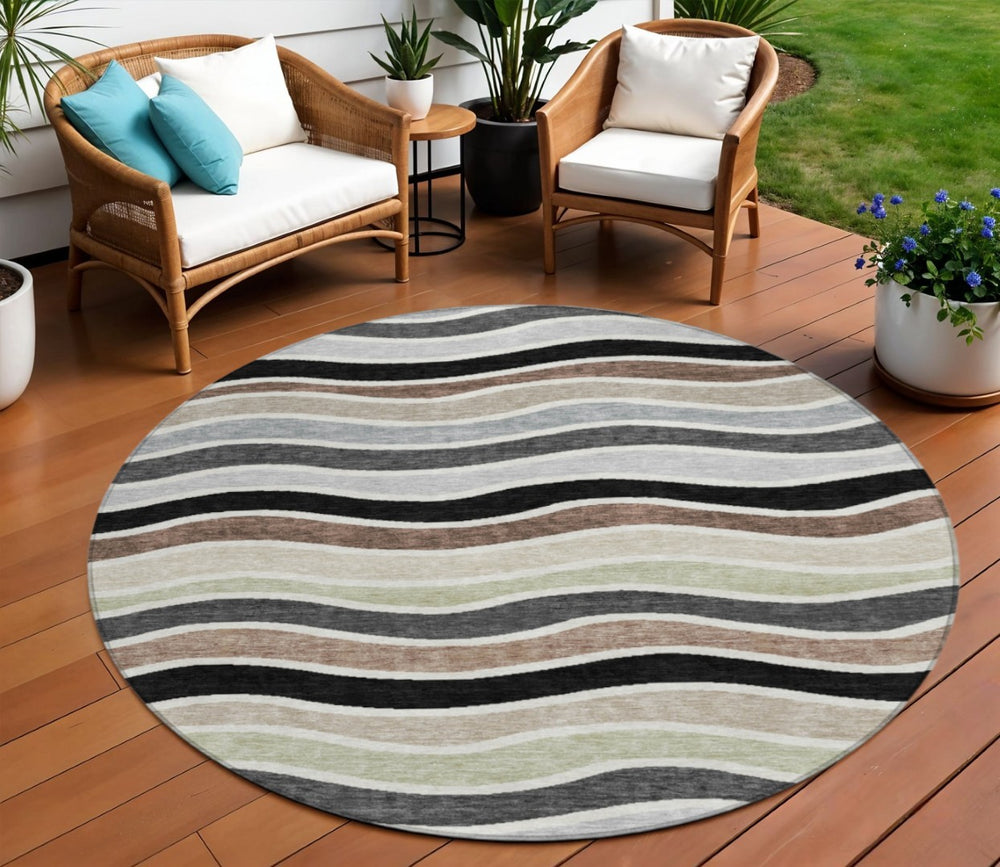 HomeRoots 8' Black, Pewter & Ivory Round Striped Washable Rug – Stylish, Durable for Indoor/Outdoor Spaces 659798