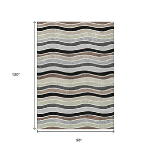 HomeRoots 8' X 10' Washable Black Pewter Ivory Striped Area Rug - Durable, Stylish, Perfect for Indoor & Outdoor Use 659799