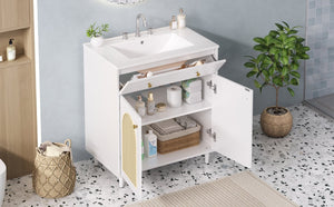 English Elm 30" Rattan Front Bathroom Vanity Solid Pine Cabinet with Ceramic Sink and Adjustable Shelf White N710P293988K