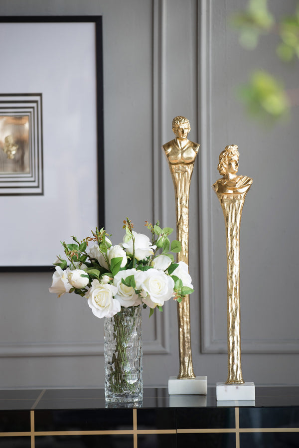 English Elm 5.5X5.5X28" Elongated Gold Roman Statue - Elegant Sculptural Accent On Polished White Marble Base W2078P172358