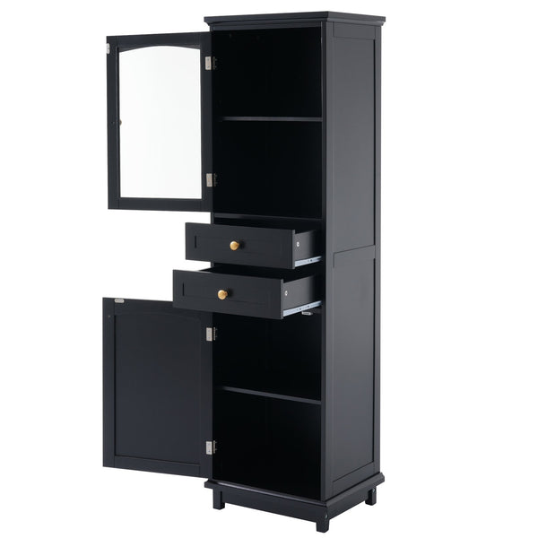 English Elm 63" Tall Bathroom Vanity Cabinet with Glass Doors, Two Drawers and Adjustable Shelves for Stylish Storage Black N729P171305B