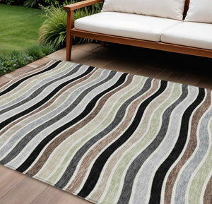 HomeRoots 9' Durable Black, Pewter & Ivory Striped Washable Area Rug for Indoor/Outdoor Spaces, Modern Decor 659800