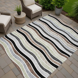 HomeRoots 9' Durable Black, Pewter & Ivory Striped Washable Area Rug for Indoor/Outdoor Spaces, Modern Decor 659800