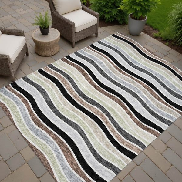 HomeRoots 9' Durable Black, Pewter & Ivory Striped Washable Area Rug for Indoor/Outdoor Spaces, Modern Decor 659800