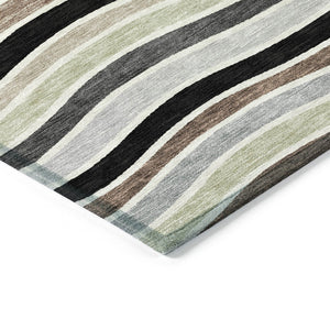 HomeRoots 9' Durable Black, Pewter & Ivory Striped Washable Area Rug for Indoor/Outdoor Spaces, Modern Decor 659800
