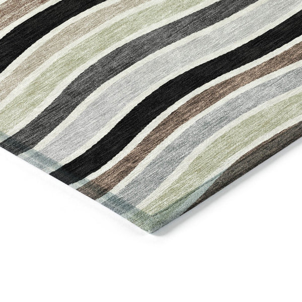 HomeRoots 9' Durable Black, Pewter & Ivory Striped Washable Area Rug for Indoor/Outdoor Spaces, Modern Decor 659800
