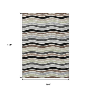 HomeRoots 9' Durable Black, Pewter & Ivory Striped Washable Area Rug for Indoor/Outdoor Spaces, Modern Decor 659800