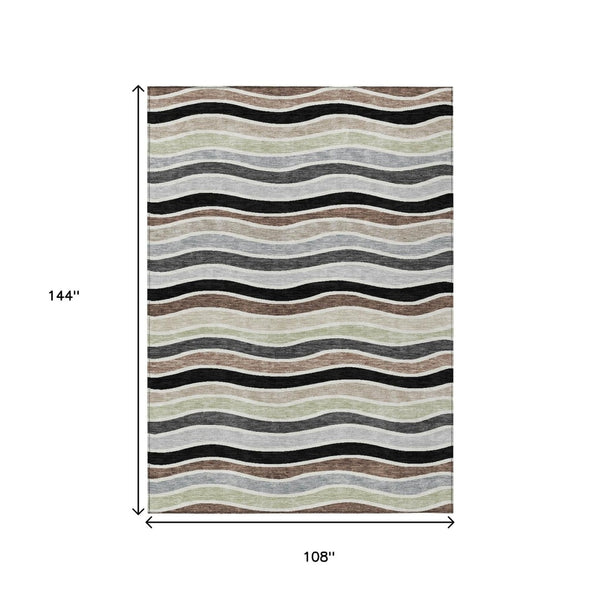 HomeRoots 9' Durable Black, Pewter & Ivory Striped Washable Area Rug for Indoor/Outdoor Spaces, Modern Decor 659800