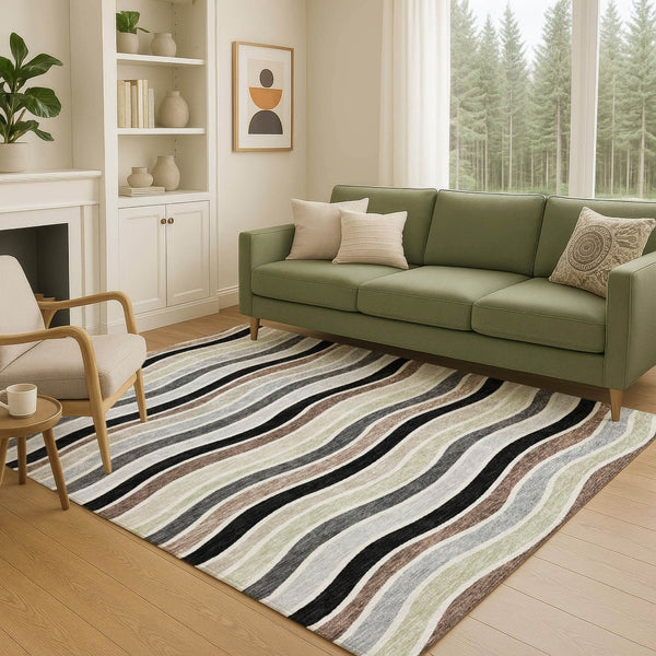 HomeRoots 9' Durable Black, Pewter & Ivory Striped Washable Area Rug for Indoor/Outdoor Spaces, Modern Decor 659800