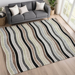 HomeRoots 9' Durable Black, Pewter & Ivory Striped Washable Area Rug for Indoor/Outdoor Spaces, Modern Decor 659800