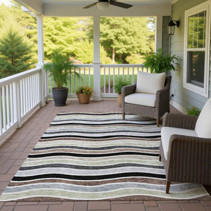 HomeRoots 9' Durable Black, Pewter & Ivory Striped Washable Area Rug for Indoor/Outdoor Spaces, Modern Decor 659800
