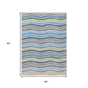 HomeRoots 5' Blue Ivory and Gold Striped Washable Area Rug - Durable, Stylish for Indoor & Outdoor Spaces 659803