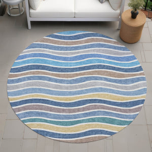 HomeRoots 8' Blue Ivory and Gold Round Striped Area Rug – Durable, Washable, Stylish for Indoor & Outdoor Use 659804