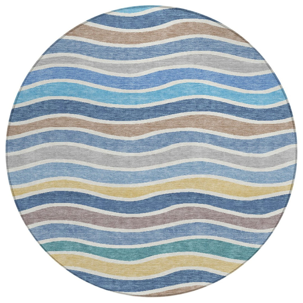 HomeRoots 8' Blue Ivory and Gold Round Striped Area Rug – Durable, Washable, Stylish for Indoor & Outdoor Use 659804