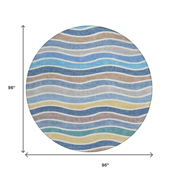 HomeRoots 8' Blue Ivory and Gold Round Striped Area Rug – Durable, Washable, Stylish for Indoor & Outdoor Use 659804