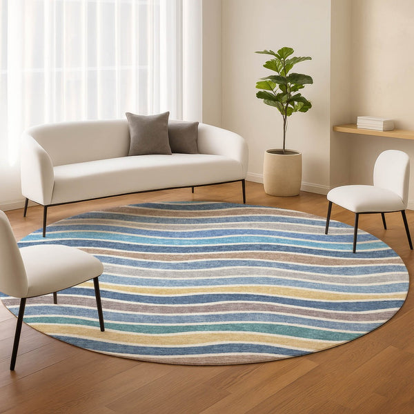 HomeRoots 8' Blue Ivory and Gold Round Striped Area Rug – Durable, Washable, Stylish for Indoor & Outdoor Use 659804