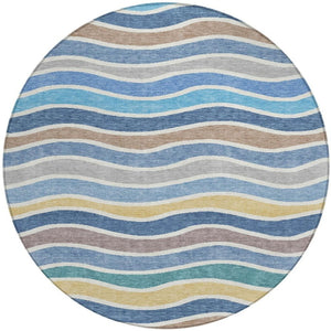 HomeRoots 8' Blue Ivory and Gold Round Striped Area Rug – Durable, Washable, Stylish for Indoor & Outdoor Use 659804