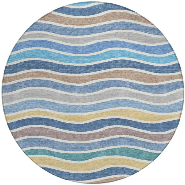 HomeRoots 8' Blue Ivory and Gold Round Striped Area Rug – Durable, Washable, Stylish for Indoor & Outdoor Use 659804