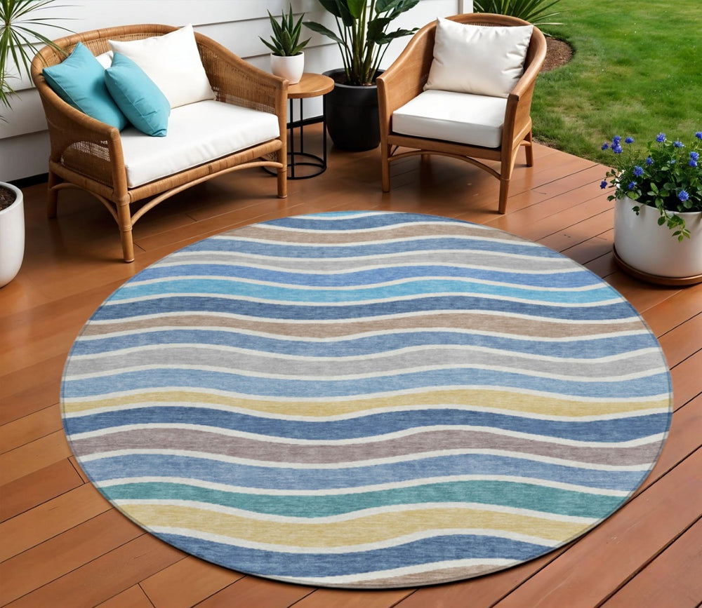 HomeRoots 8' Blue Ivory and Gold Round Striped Area Rug – Durable, Washable, Stylish for Indoor & Outdoor Use 659804