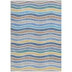 HomeRoots 8' X 10' Blue Ivory Gold Striped Area Rug – Durable, Washable, Stylish for Indoor & Outdoor Spaces 659805