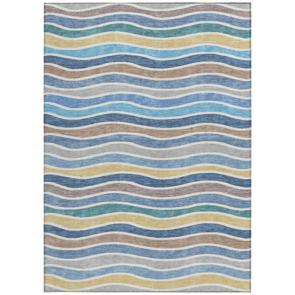 HomeRoots 8' X 10' Blue Ivory Gold Striped Area Rug – Durable, Washable, Stylish for Indoor & Outdoor Spaces 659805