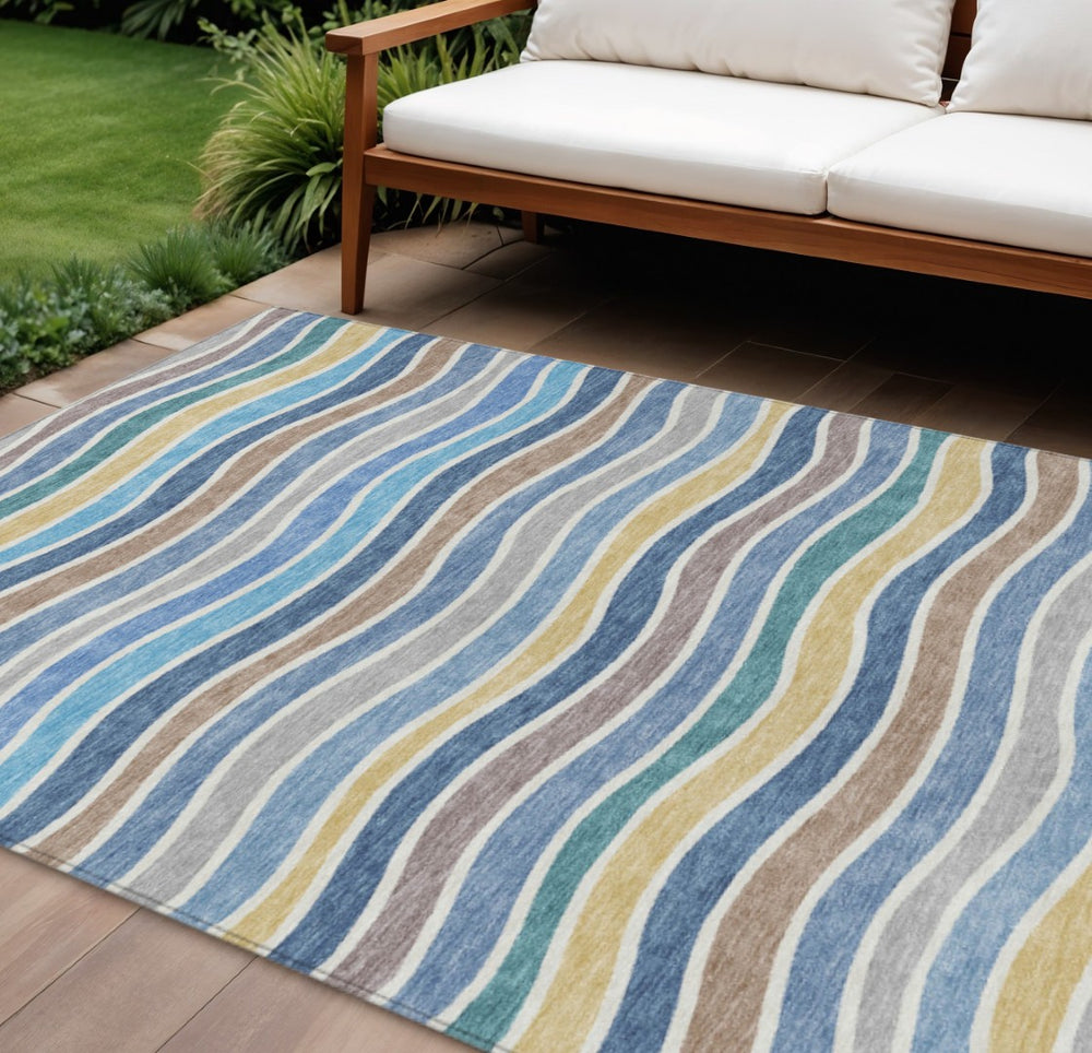 HomeRoots 8' X 10' Blue Ivory Gold Striped Area Rug – Durable, Washable, Stylish for Indoor & Outdoor Spaces 659805