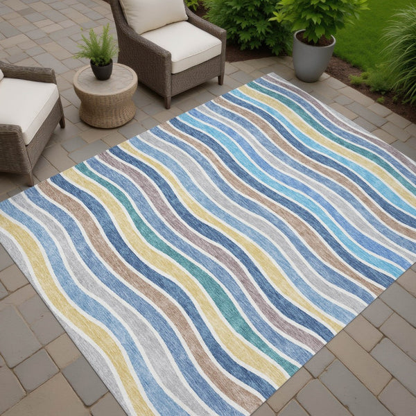 HomeRoots 8' X 10' Blue Ivory Gold Striped Area Rug – Durable, Washable, Stylish for Indoor & Outdoor Spaces 659805