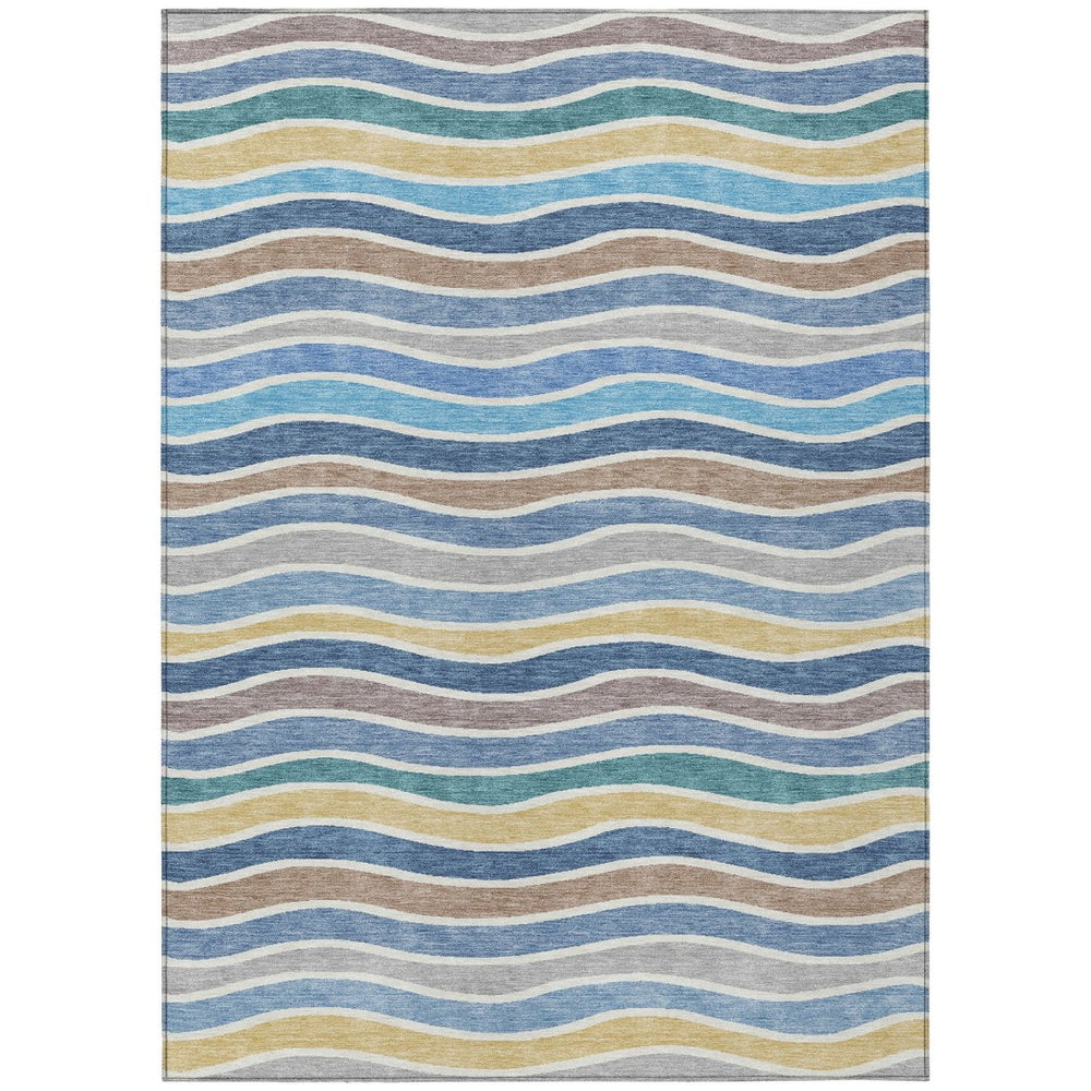 HomeRoots 8' X 10' Blue Ivory Gold Striped Area Rug – Durable, Washable, Stylish for Indoor & Outdoor Spaces 659805