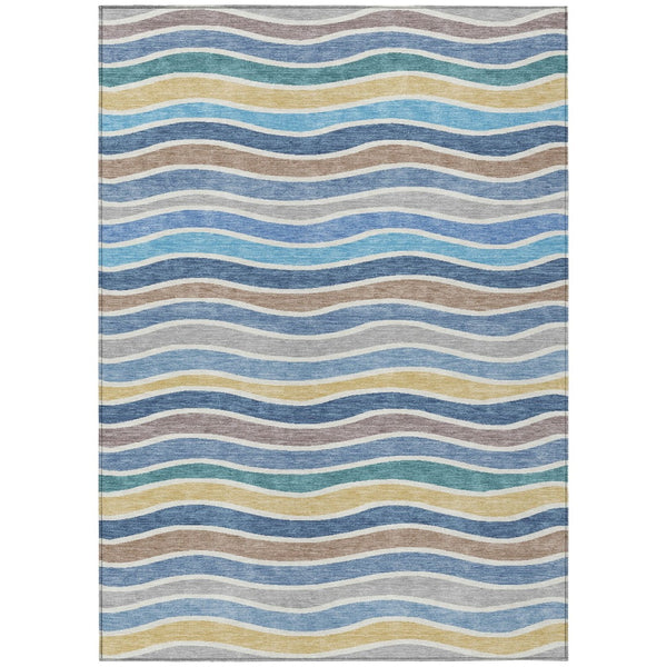 HomeRoots 8' X 10' Blue Ivory Gold Striped Area Rug – Durable, Washable, Stylish for Indoor & Outdoor Spaces 659805