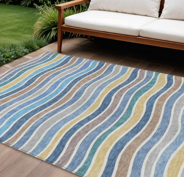 HomeRoots 9' Classic Blue, Ivory & Gold Striped Washable Area Rug - Durable Indoor/Outdoor Design for Versatile Use 659806
