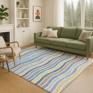 HomeRoots 9' Classic Blue, Ivory & Gold Striped Washable Area Rug - Durable Indoor/Outdoor Design for Versatile Use 659806