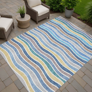 HomeRoots 10' Stylish Blue, Ivory & Gold Striped Washable Area Rug - Durable Indoor/Outdoor Design for Versatile Use 659807