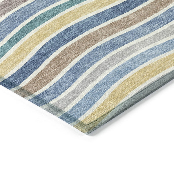 HomeRoots 10' Stylish Blue, Ivory & Gold Striped Washable Area Rug - Durable Indoor/Outdoor Design for Versatile Use 659807