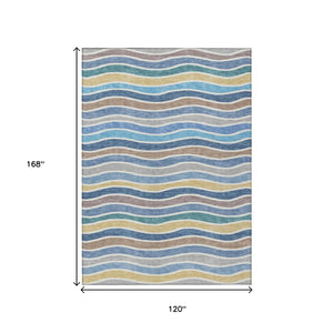 HomeRoots 10' Stylish Blue, Ivory & Gold Striped Washable Area Rug - Durable Indoor/Outdoor Design for Versatile Use 659807