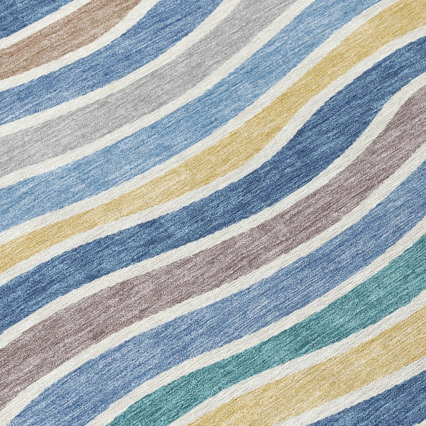 HomeRoots 10' Stylish Blue, Ivory & Gold Striped Washable Area Rug - Durable Indoor/Outdoor Design for Versatile Use 659807