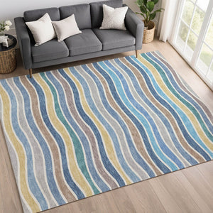 HomeRoots 10' Stylish Blue, Ivory & Gold Striped Washable Area Rug - Durable Indoor/Outdoor Design for Versatile Use 659807