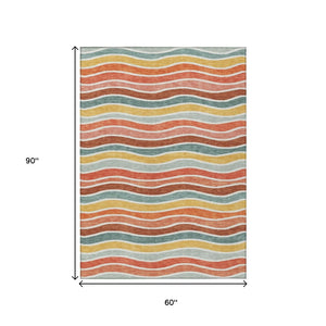 HomeRoots 5' X 8' Coral Gold Peach Striped Indoor Outdoor Rug - Durable, Washable, Stain-Resistant Design! 659809