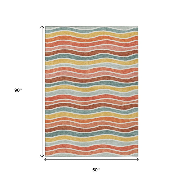 HomeRoots 5' X 8' Coral Gold Peach Striped Indoor Outdoor Rug - Durable, Washable, Stain-Resistant Design! 659809