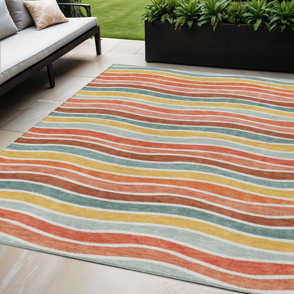 HomeRoots 5' X 8' Coral Gold Peach Striped Indoor Outdoor Rug - Durable, Washable, Stain-Resistant Design! 659809