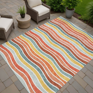 HomeRoots 5' X 8' Coral Gold Peach Striped Indoor Outdoor Rug - Durable, Washable, Stain-Resistant Design! 659809