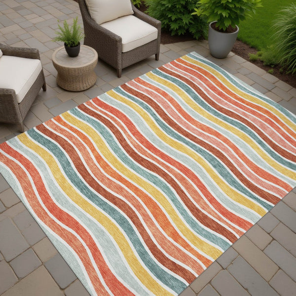 HomeRoots 5' X 8' Coral Gold Peach Striped Indoor Outdoor Rug - Durable, Washable, Stain-Resistant Design! 659809