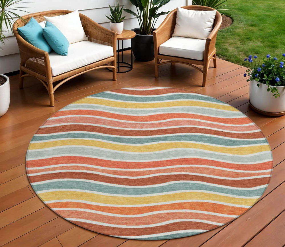 HomeRoots 8' Coral Gold and Peach Round Striped Washable Area Rug - Durable, Stylish, Indoor/Outdoor Comfort 659810